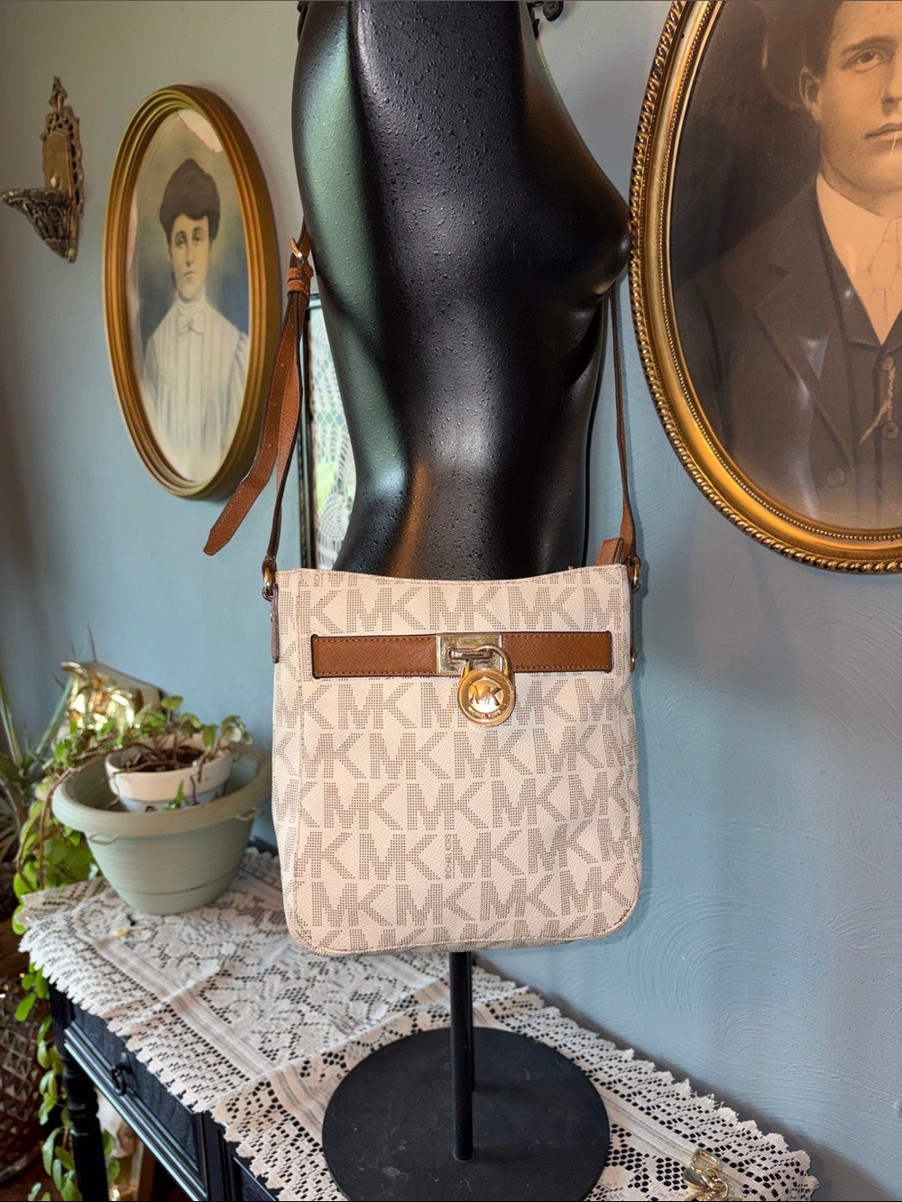 Michael Kors Beige MK Signature Crossbody with Brown Trim
